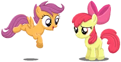 Size: 500x258 | Tagged: safe, artist:rockingscorpion, derpibooru import, apple bloom, scootaloo, earth pony, pegasus, pony, apple bloom's bow, bow, duo, female, filly, foal, hair bow, image, pixel art, png, simple background, transparent background