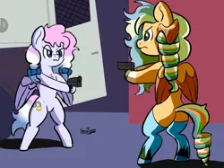 Size: 4098x3072 | Tagged: safe, artist:datzigga, derpibooru import, oc, oc:heavy weather, pegasus, pony, angry, bipedal, butt, commission, gun, image, marvel, meme, plot, png, spider-man, standoff, weapon