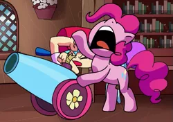 Size: 519x365 | Tagged: safe, derpibooru import, pinkie pie, earth pony, human, pony, bipedal, book, bookshelf, boyfriend, covering eyes, eyes closed, flower, friday night funkin', golden oaks library, hair bun, image, library, open mouth, party cannon, pibby, png, screaming, volumetric mouth, window, youtube link