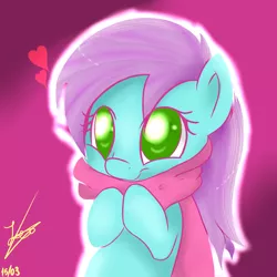 Size: 3000x3000 | Tagged: safe, artist:reinbou, derpibooru import, oc, earth pony, pony, clothes, green eyes, image, pink background, png, scarf, simple background, solo