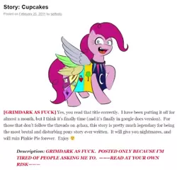 Size: 349x335 | Tagged: safe, derpibooru import, pinkie pie, earth pony, pony, fanfic:cupcakes, clothes, cutie mark, cutie mark dress, dress, horn, image, looking at you, png, sethisto, smiling, text, vulgar, wings