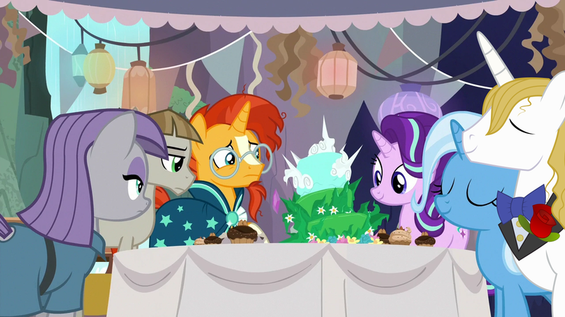 Size: 1280x720 | Tagged: safe, artist:skylark-torch, derpibooru import, edit, edited screencap, screencap, maud pie, mudbriar, prince blueblood, starlight glimmer, sunburst, trixie, earth pony, unicorn, bluetrix, bowtie, cake, cupcake, equinox cake, female, flower, food, image, lantern, male, maudbriar, png, rose, shipping, spikey, spring solst-astic, starburst, straight, table