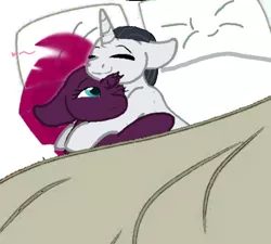 Size: 584x525 | Tagged: safe, artist:decokelow, artist:madzbases, derpibooru import, chancellor neighsay, fizzlepop berrytwist, tempest shadow, pony, unicorn, bed, eyes closed, female, heart, image, looking at someone, male, mare, on bed, png, shipping, snuggling, stallion, straight, tempest neighsay