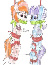 Size: 1280x1715 | Tagged: safe, artist:godzilla713, derpibooru import, aunt holiday, auntie lofty, earth pony, pony, bondage, bound and gagged, bound together, cloth gag, gag, image, jpeg, looking at each other, looking at someone, pole tied, scared, tied up, worried