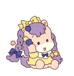 Size: 420x435 | Tagged: safe, artist:paperrabbits333, derpibooru import, official, earth pony, pony, bow, braid, clothes, dress, g1, hair accessory, hair bow, hairpin, image, long hair, milky, png, purple hair, reproduction, simple background, sitting, solo, stars, takara pony, trace, transparent background, yellow dress