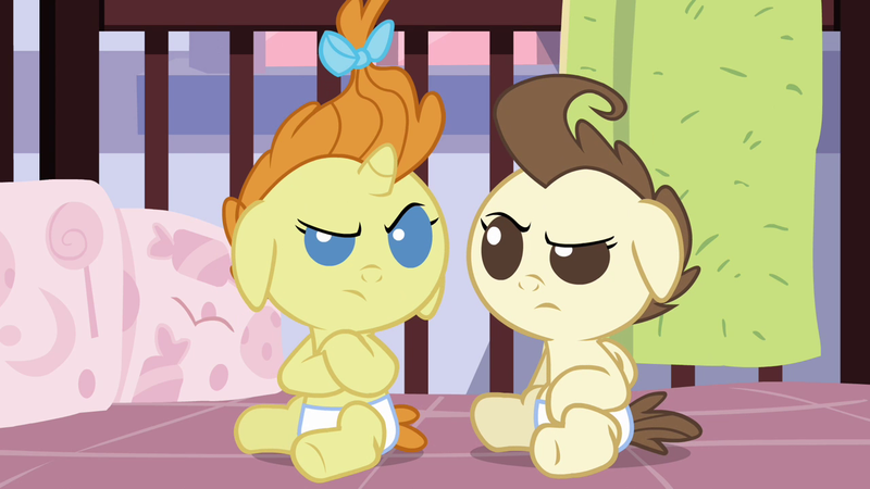 Size: 1280x720 | Tagged: safe, derpibooru import, screencap, pound cake, pumpkin cake, earth pony, pony, unicorn, a friend in deed, season 2, cake twins, colt, crossed hooves, duo, female, filly, foal, image, implied pinkie pie, looking at each other, looking at someone, male, png, pound cake is not amused, pumpkin cake is not amused, raised eyebrow, reaction image, serious, serious face, seriously, siblings, skeptical, sugarcube corner, twins, unamused