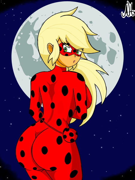 Size: 1200x1600 | Tagged: suggestive, artist:dibujoschidosdelabad, derpibooru import, applejack, equestria girls, applebutt, ass, bodysuit, butt, clothes, crossover, female, image, ladybug (miraculous ladybug), looking at you, looking back, looking back at you, miraculous ladybug, moon, png, solo, solo female