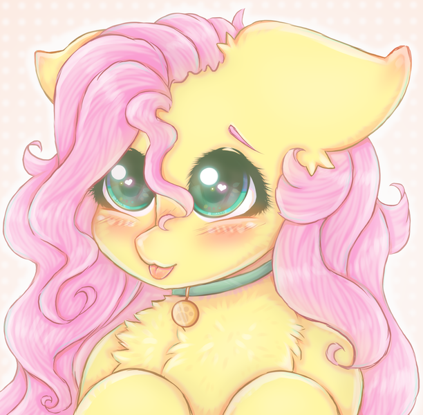 Size: 2040x2000 | Tagged: safe, artist:saltyvity, derpibooru import, fluttershy, fluffy pony, pegasus, pony, big ears, big eyes, blushing, collar, cute, fluffy, green eyes, image, nya, pink background, pink hair, png, simple background, solo, sparkles, tongue out