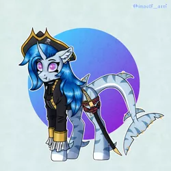 Size: 3669x3669 | Tagged: safe, artist:ingolf arts, derpibooru import, oc, oc:pearl wave, unofficial characters only, original species, pony, shark, shark pony, unicorn, clothes, cutlass, digital art, ear fluff, ear piercing, earring, female, fish tail, hat, high res, horn, image, jewelry, looking at you, mare, piercing, pirate, pirate hat, png, simple background, smiling, solo, sword, tail, weapon