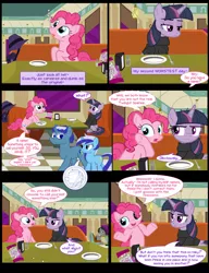 Size: 1042x1358 | Tagged: safe, artist:dendoctor, derpibooru import, doctor whooves, mean twilight sparkle, pinkie pie, time turner, twilight sparkle, twilight sparkle (alicorn), alicorn, earth pony, pegasus, pony, unicorn, comic:clone.., alternate universe, clone, clothes, comic, diner, discorded whooves, female, food, fork, image, jpeg, pepper, pinkie clone, plate, salt, taffy