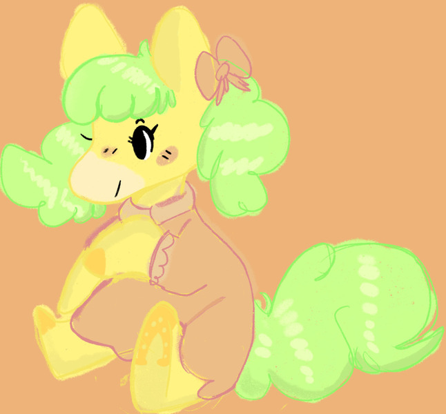 Size: 1280x1188 | Tagged: safe, artist:yaspup9000, derpibooru import, oc, earth pony, pony, bow, clothes, coat markings, dress, fluffy, g1, green mane, hair bow, image, jpeg, markings, sitting, solo, takara pony, yellow coat