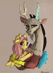 Size: 2568x3480 | Tagged: safe, artist:miokomata, derpibooru import, discord, fluttershy, discoshy, duo, female, freckles, hand on head, hug, image, jpeg, looking at you, male, outline, shipping, straight, white outline