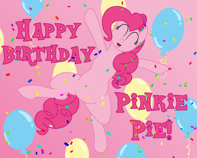 Size: 5000x4000 | Tagged: safe, artist:legendoflink, derpibooru import, pinkie pie, earth pony, pony, balloon, birthday, confetti, cute, diapinkes, eyes closed, gradient background, happy birthday, image, jumping, open mouth, png, smiling, solo, text