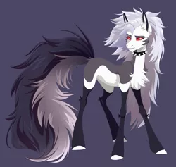 Size: 5600x5306 | Tagged: safe, artist:1an1, derpibooru import, ponified, demon, demon pony, earth pony, original species, pony, absurd resolution, chest fluff, collar, crossover, ear fluff, fangs, female, grey hair, helluva boss, image, long hair, looking back, loona (helluva boss), mane, pale belly, png, raised leg, red sclera, side view, simple background, solo, spiked collar, tail, teeth, white eyes