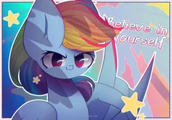 Size: 2300x1600 | Tagged: safe, artist:miryelis, derpibooru import, rainbow dash, pegasus, pony, colorful, gradient background, image, looking at you, multicolored hair, png, rainbow hair, signature, smiling, smiling at you, solo, stars, text, wings