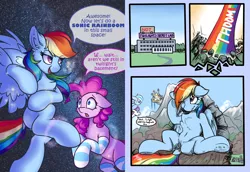 Size: 3200x2200 | Tagged: safe, artist:ravistdash, derpibooru import, pinkie pie, rainbow dash, zipp storm, oc, oc:ravist, pony, spoiler:g5, canterlot, clothes, destructions, female, flying, g5, galaxy, growth drive, image, macro, mountain, png, sitting, smiling, smirk, socks, space, text