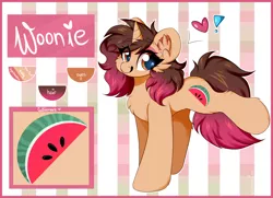 Size: 3040x2204 | Tagged: safe, artist:woonborg, derpibooru import, oc, oc:woon, fluffy pony, unicorn, chest fluff, ear fluff, eyeshadow, food, image, makeup, png, reference sheet, solo, watermelon