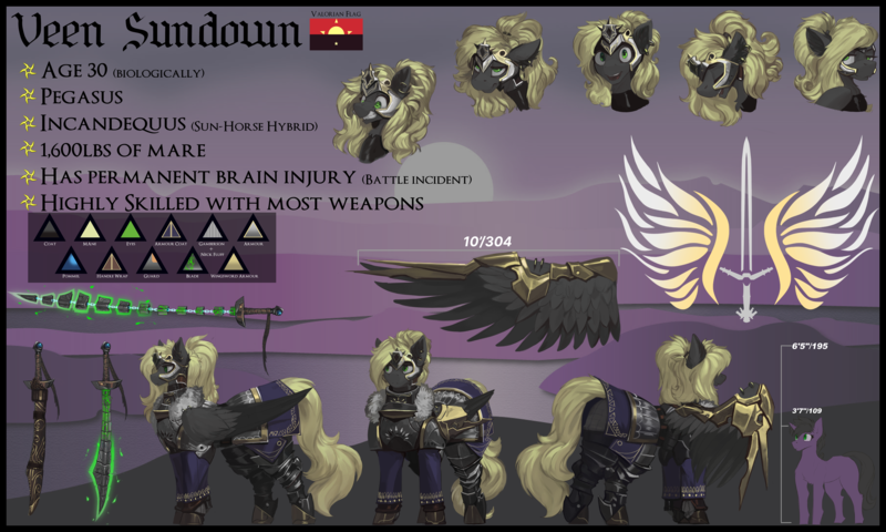 Size: 5000x3000 | Tagged: safe, artist:nsilverdraws, artist:veen, derpibooru import, oc, oc:astral moonsyde, oc:veen sundown, unofficial characters only, horse, pegasus, pony, unicorn, abstract, abstract background, armor, backstory, backstory in description, bio in description, blackletter, blonde, chest fluff, clothes, cute, cutie mark, dork, duo, ear piercing, expressions, female, flag, fluffy, happy, helmet, high res, image, jewelry, laughing, leg fluff, magic, male, mare, mountain, mountain range, name, pegasus oc, piercing, png, ponytail, reference sheet, scimitar, simple background, size comparison, size difference, smug, solo, spread wings, stallion, standing, startled, sundown clan, sunset, surprised, sword, tail, tail piercing, text, tired, weapon, wing piercing, wings