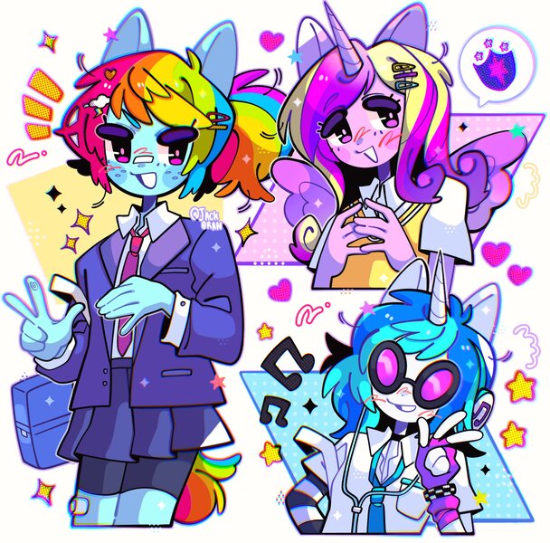 Size: 2048x2021 | Tagged: safe, artist:jack0ran, derpibooru import, princess cadance, rainbow dash, vinyl scratch, alicorn, anthro, unicorn, blushing, clothes, cute, cutedance, dashabetes, earbuds, ears, female, hairpin, heart, horn, image, jpeg, music notes, necktie, peace sign, pictogram, ponytail, school uniform, shirt, skirt, smiling, speech bubble, stars, vinylbetes, wings