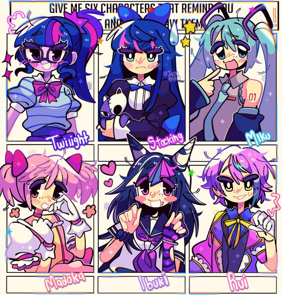 Size: 1955x2048 | Tagged: safe, artist:jack0ran, derpibooru import, sci-twi, twilight sparkle, human, six fanarts, equestria girls, anarchy stocking, anime, annoyed, blushing, bowtie, bracelet, clothes, cute, danganronpa, danganronpa 2, dress, female, glasses, gloves, hatsune miku, heart, ibuki mioda, image, jewelry, jpeg, madoka kaname, magical girl, male, open mouth, open smile, panty and stocking with garterbelt, pigtails, plushie, ponytail, project sekai, puella magi madoka magica, rui kamishiro, shirt, smiling, stars, sweat, sweatdrop, twiabetes, vocaloid