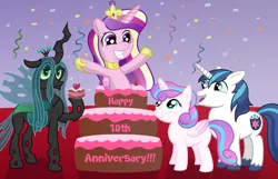 Size: 3300x2128 | Tagged: safe, artist:sweetielover, derpibooru import, princess cadance, princess flurry heart, queen chrysalis, shining armor, alicorn, pony, unicorn, anniversary, cake, canterlot wedding 10th anniversary, celebration, confetti, eating, female, food, g4, happy, high res, image, male, older, png, smiling, streamers