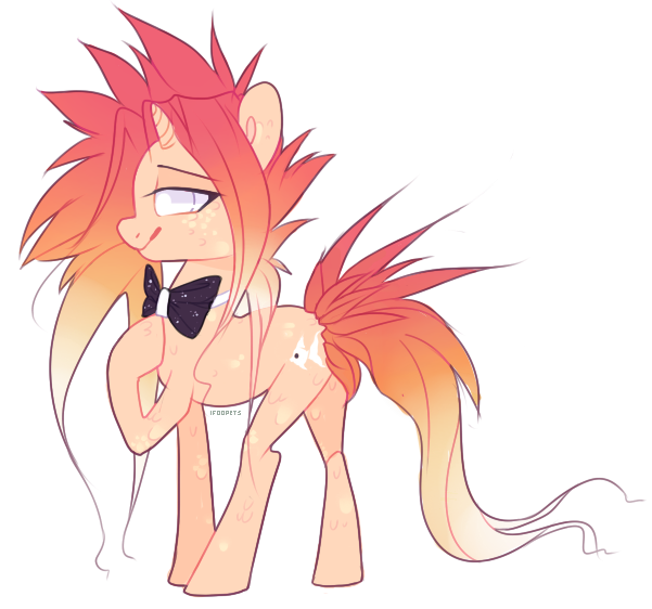 Size: 601x562 | Tagged: safe, artist:ifoopets, derpibooru import, oc, oc:fin, fish, merpony, original species, pony, unicorn, bowtie, image, mohawk, multicolored hair, orange coat, orange mane, png, red mane, simple background, solo, spiky mane, transparent background