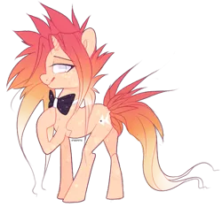 Size: 601x562 | Tagged: safe, artist:ifoopets, derpibooru import, oc, oc:fin, fish, merpony, original species, pony, unicorn, bowtie, image, mohawk, multicolored hair, orange coat, orange mane, png, red mane, simple background, solo, spiky mane, transparent background