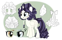 Size: 1200x785 | Tagged: safe, artist:ifoopets, derpibooru import, oc, oc:delight, alicorn, pony, alicorn oc, bow, curly mane, g4, heterochromia, horn, image, png, purple mane, reference sheet, simple background, solo, tail, tail bow, transparent background, white coat, wings