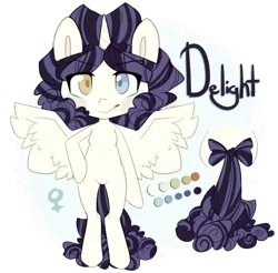 Size: 785x771 | Tagged: safe, artist:ifoopets, derpibooru import, oc, oc:delight, alicorn, pony, bipedal, black mane, color palette, curly mane, female, heterochromia, image, long mane, long tail, multicolored mane, png, purple mane, reference sheet, solo, spread wings, standing, tail, white coat, wings