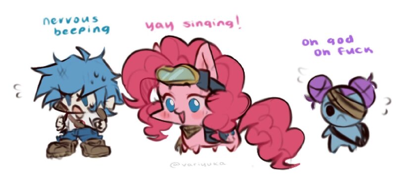 Size: 1816x820 | Tagged: safe, artist:variyuka, derpibooru import, pinkie pie, earth pony, human, pony, angry, bag, bandage, blushing, boyfriend, chibi, clothes, cute, dialogue, diapinkes, dusk till dawn, friday night funkin', goggles, hair bun, happy, image, jpeg, pibby, saddle bag, scarf, smiling, sweat, text, vulgar