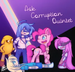 Size: 540x519 | Tagged: safe, artist:corruption-quintet, derpibooru import, pinkie pie, dog, earth pony, human, pony, adventure time, ask, bandage, boyfriend, clothes, crossover, dusk till dawn, eyepatch, finn the human, friday night funkin', image, jake the dog, jpeg, one eye closed, pibby, scarf, smiling, socks, wink