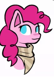 Size: 540x774 | Tagged: safe, artist:corruption-quintet, derpibooru import, pinkie pie, earth pony, pony, clothes, dusk till dawn, female, image, jpeg, mare, scarf, simple background, smiling, solo, white background