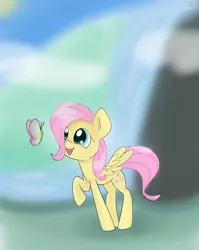 Size: 1200x1508 | Tagged: safe, artist:twiliset, derpibooru import, fluttershy, butterfly, insect, pegasus, pony, cloud, cute, grass, happy, image, jpeg, river, rock, shine, smiling, water, younger