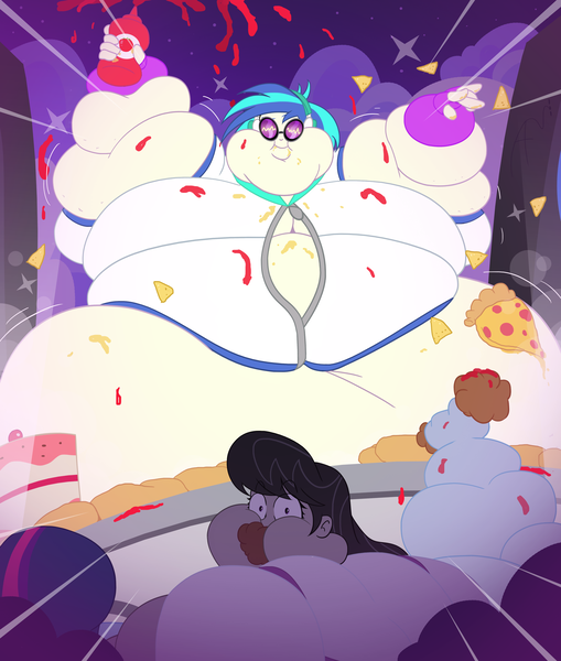 Size: 3619x4266 | Tagged: suggestive, artist:aaronfly98, derpibooru import, octavia melody, rainbow dash, sci-twi, twilight sparkle, vinyl scratch, equestria girls, absurd resolution, bbw, belly, big belly, big breasts, bingo wings, breasts, cake, cellulite, chubby cheeks, fat, fatavia, female, food, huge belly, image, impossibly large belly, ketchup, meat, morbidly obese, obese, party, pepperoni, pepperoni pizza, pizza, png, rolls of fat, sauce, ssbbw, vinyl fat