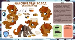 Size: 1200x655 | Tagged: safe, artist:jennieoo, derpibooru import, oc, oc:maximilian cold, pony, taiga pony, balalaika, confused, cutie mark, guitar, image, irritated, musical instrument, png, poker face, reference, reference sheet, simple background, solo, vector