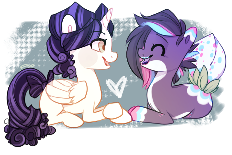 Size: 747x498 | Tagged: safe, artist:ifoopets, derpibooru import, oc, oc:delight, unnamed oc, unofficial characters only, alicorn, earth pony, original species, plant pony, pony, curly mane, duo, duo female, female, happy, image, leaves, lesbian, lying down, multicolored mane, plant, plant tail, png, simple background, sitting, transparent background