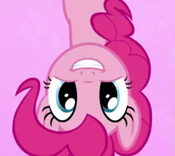 Size: 617x548 | Tagged: safe, derpibooru import, screencap, pinkie pie, earth pony, pony, all bottled up, season 7, best friends until the end of time, cartoon physics, cropped, cute, diapinkes, female, happy, image, in which pinkie pie forgets how to gravity, mare, pink background, pinkie being pinkie, pinkie physics, png, simple background, smiling, solo, upside down