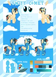 Size: 2529x3500 | Tagged: safe, derpibooru import, oc, oc:turbo swifter, unofficial characters only, pegasus, clothes, color palette, cutie mark, goggles, image, my little pony, pegasus oc, png, reference sheet, size chart, size comparison, uniform, wings, wonderbolts uniform