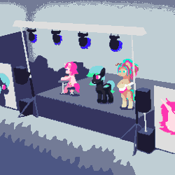 Size: 1024x1024 | Tagged: safe, artist:vohd, derpibooru import, oc, oc:blasty, oc:delusive rose, oc:moondrive, unofficial characters only, bat pony, pegasus, pony, unicorn, bronycon, animated, crowd, gif, guitar, image, musical instrument, party, piano, pixel art, rubronycon, stage