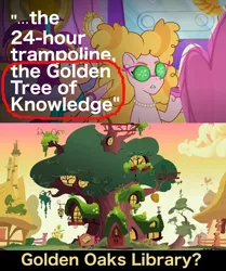 Size: 1336x1596 | Tagged: safe, artist:fhoenox, derpibooru import, phyllis cloverleaf, mane melody, my little pony: tell your tale, spoiler:g5, spoiler:my little pony: tell your tale, spoiler:tyts01e05, 24-hour trampoline, beehive, g4, g5, golden oaks library, golden tree of knowledge, image, karaoke beauty salon, library, png, sunset, theory, tree