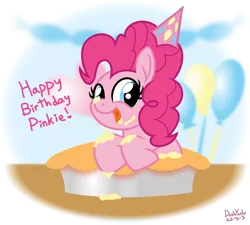 Size: 2000x1800 | Tagged: safe, artist:dashyoshi, derpibooru import, pinkie pie, earth pony, pony, .svg available, balloon, cute, diapinkes, food, frosting, happy birthday, hat, heart, image, looking at you, messy eating, party hat, pie, pinkie pie's birthday, png, simple background, smiling, solo, table, text, tongue out, transparent background, vector