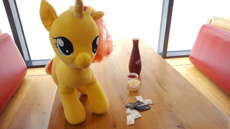 Size: 2048x1152 | Tagged: safe, derpibooru import, sunset shimmer, pony, unicorn, build-a-bear, five guys, food, image, irl, jpeg, ketchup, mayonnaise, photo, plushie, sauce, solo