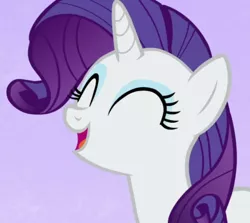 Size: 612x545 | Tagged: safe, derpibooru import, screencap, rarity, pony, unicorn, all bottled up, season 7, best friends until the end of time, cropped, cute, eyes closed, female, happy, image, mare, open mouth, png, purple background, raribetes, simple background, smiling, solo
