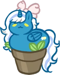 Size: 563x700 | Tagged: safe, artist:dragonitavioleta, derpibooru import, oc, oc:fleurbelle, alicorn, pony, alicorn oc, bow, female, hair bow, horn, image, lying, mare, plant pot, png, ponyloaf, prone, simple background, sitting, transparent background, wings