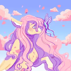 Size: 2000x2000 | Tagged: safe, artist:orphicswanart, derpibooru import, fluttershy, butterfly, insect, pegasus, pony, butterfly on nose, chest fluff, cloud, dragontail butterfly, ear fluff, female, flower petals, image, insect on nose, looking at something, mare, partially open wings, png, profile, raised hoof, sky, sky background, solo, wings