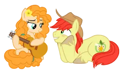 Size: 2670x1646 | Tagged: safe, artist:third uncle, derpibooru import, bright mac, pear butter, earth pony, pony, the perfect pear, brightbutter, cowboy hat, eye contact, female, guitar, hat, husband and wife, image, looking at each other, looking at someone, male, mare, musical instrument, playing instrument, png, shipping, simple background, stallion, straight, transparent background