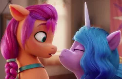 Size: 963x623 | Tagged: safe, derpibooru import, screencap, earth pony, pony, unicorn, my little pony: a new generation, spoiler:my little pony: a new generation, cropped, duo, duo female, eyes closed, female, g5, image, looking at each other, looking at someone, mare, now kiss, out of context, png, shipping fuel, staring contest, wide eyes