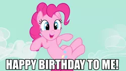 Size: 1920x1080 | Tagged: safe, derpibooru import, edit, edited screencap, screencap, pinkie pie, earth pony, pony, season 1, the best night ever, caption, cute, diapinkes, female, happy, happy birthday, image, image macro, mare, open mouth, open smile, outdoors, pinkie pie's birthday, png, sky, smiling, solo, text