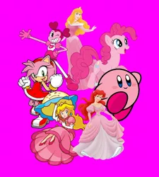 Size: 720x800 | Tagged: safe, artist:carlosuriel13, derpibooru import, pinkie pie, earth pony, hedgehog, human, pony, amy rose, ariel, clothes, crossover, disney, disney princess, image, jpeg, kirby, kirby (series), kirby pie, looking at you, one eye closed, pink, pink background, pink dress, princess aurora, princess peach, puffball, simple background, sleeping beauty, sonic the hedgehog (series), spinel (steven universe), steven universe, super mario bros., super princess peach, the little mermaid, wink, winking at you