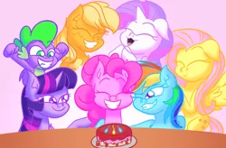 Size: 5580x3660 | Tagged: safe, artist:iceflower99, derpibooru import, applejack, fluttershy, pinkie pie, rainbow dash, rarity, spike, twilight sparkle, dragon, birthday, birthday cake, cake, doodle, food, image, mane seven, mane six, png, sketch, video at source, video in description, winged spike, wings